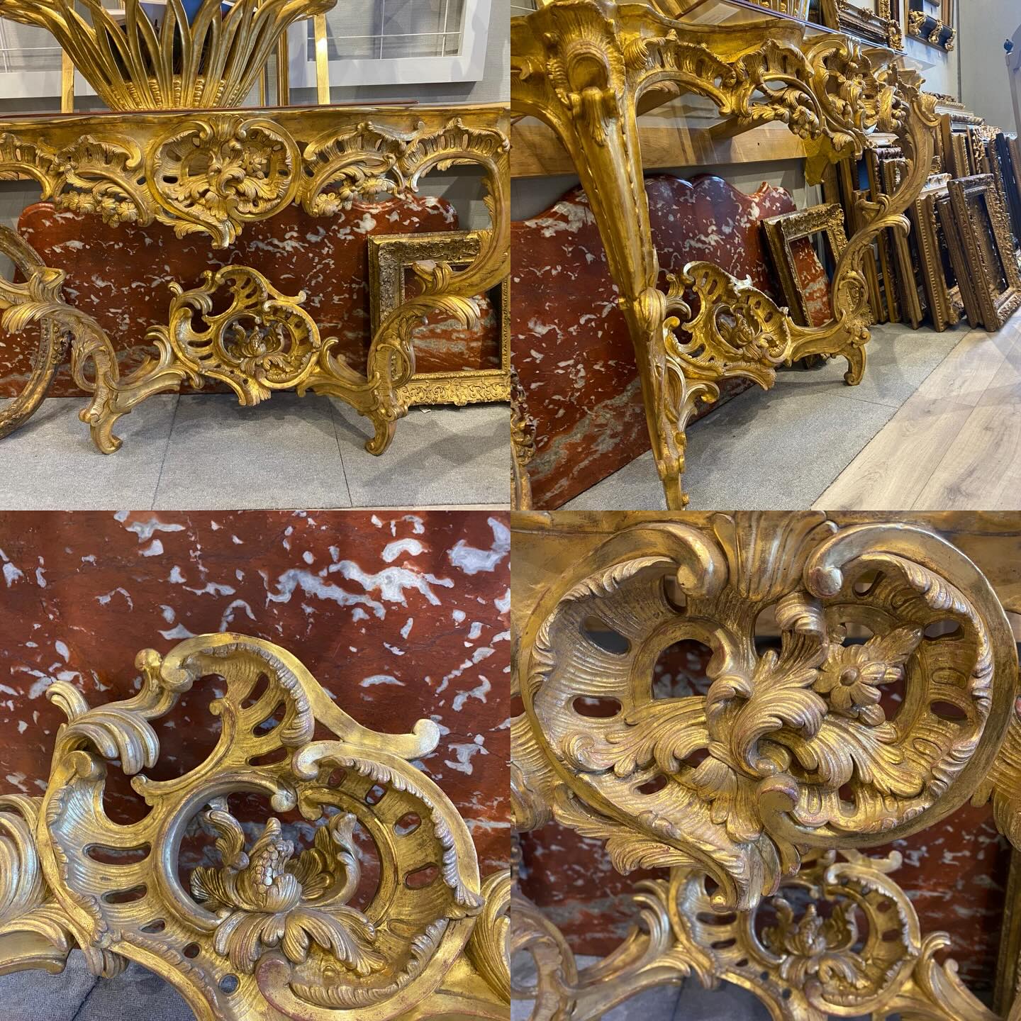 Belle console d'appui  LXV , entretoise rocaille, marbre rouge Languedoc 
, à la vente