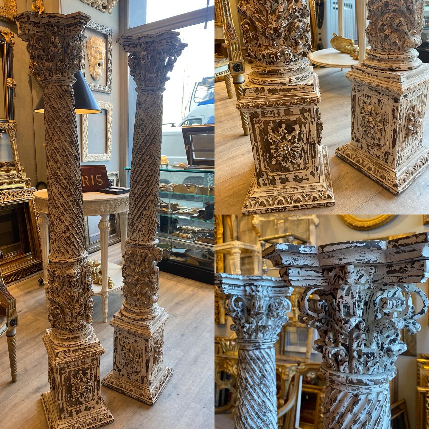 Paire de colonnes en bois sculpté à la vente haut 150cm base 25/25 et chapiteau 20/20 au plus petit - peinture à la colle facile à modifier